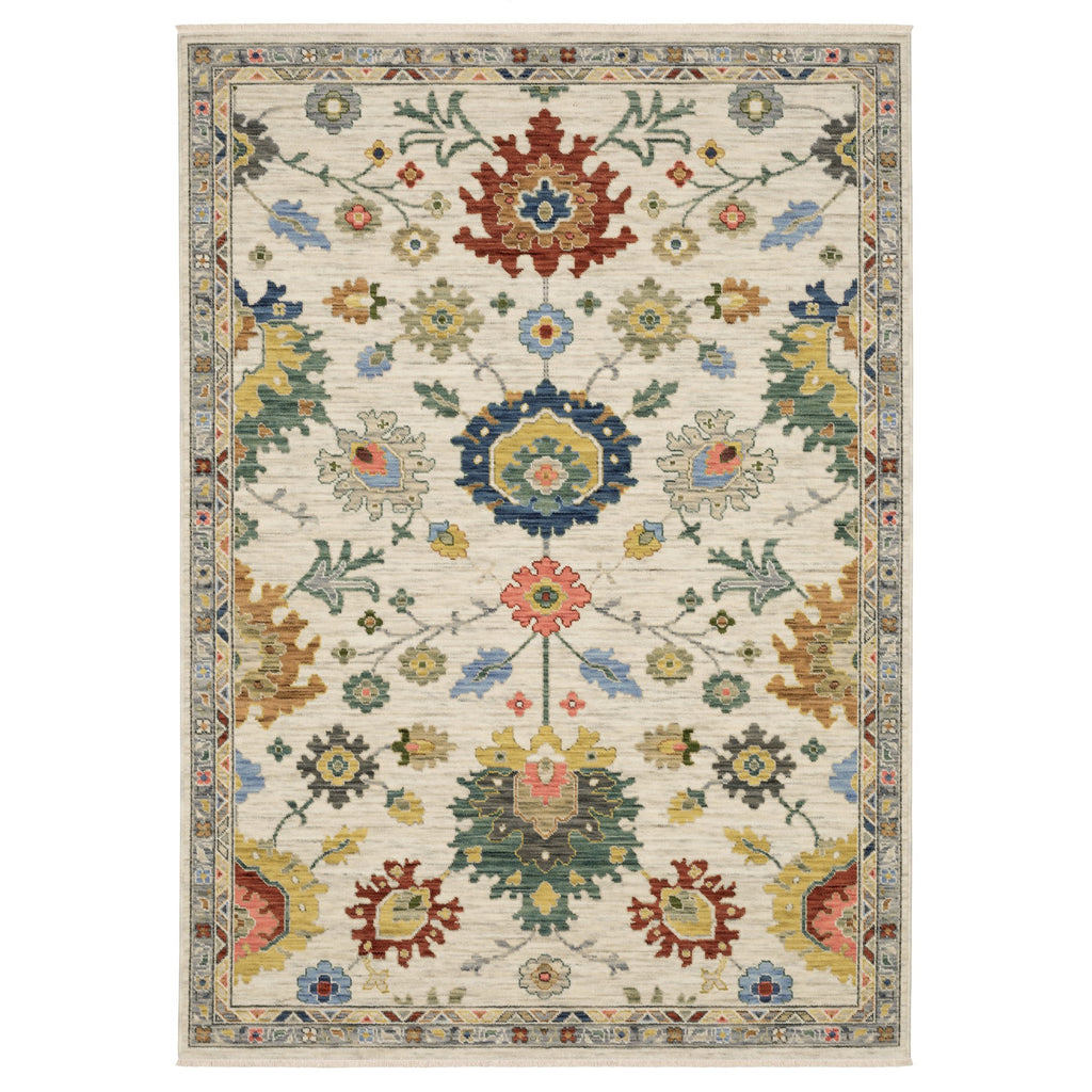 2' X 3' Ivory Red And Blue Oriental Area Rug With Fringe-3