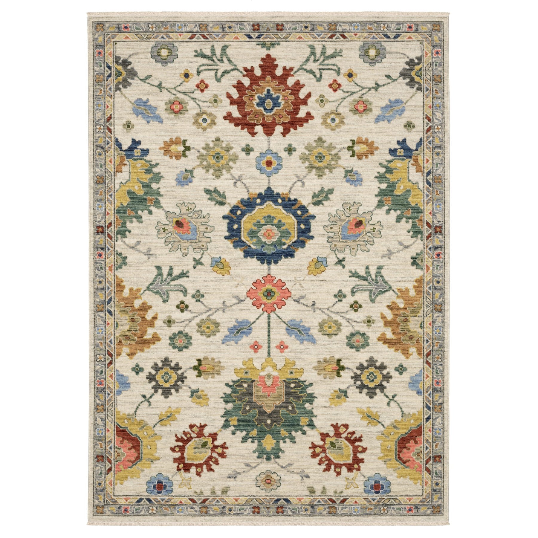 2' X 3' Ivory Red And Blue Oriental Area Rug With Fringe-3