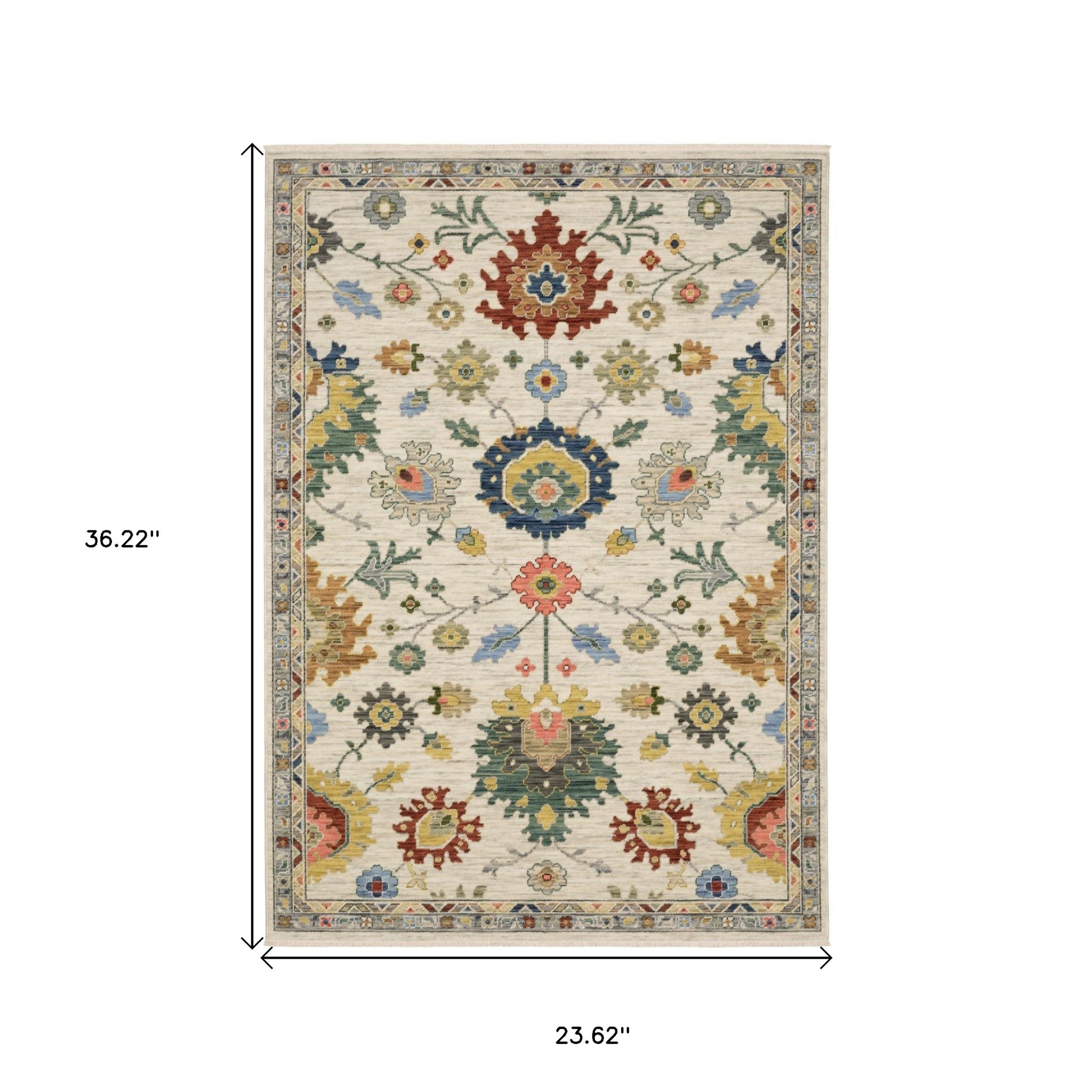 2' X 3' Ivory Red And Blue Oriental Area Rug With Fringe-2