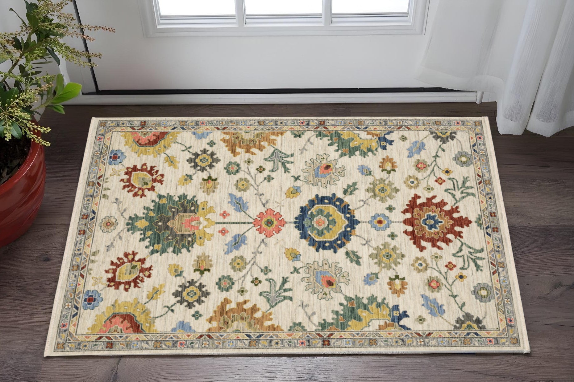 2' X 3' Ivory Red And Blue Oriental Area Rug With Fringe-0