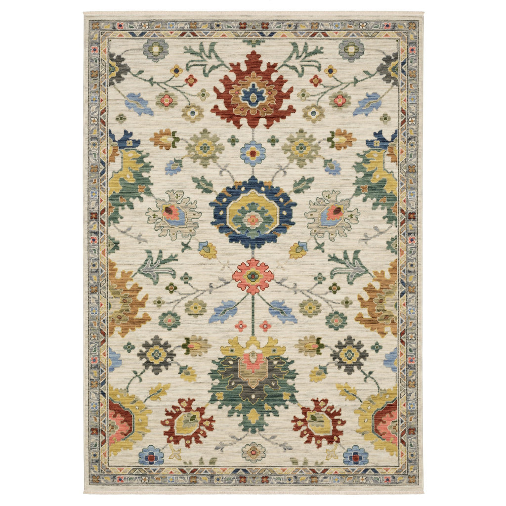 2' X 3' Ivory Red And Blue Oriental Area Rug With Fringe-1