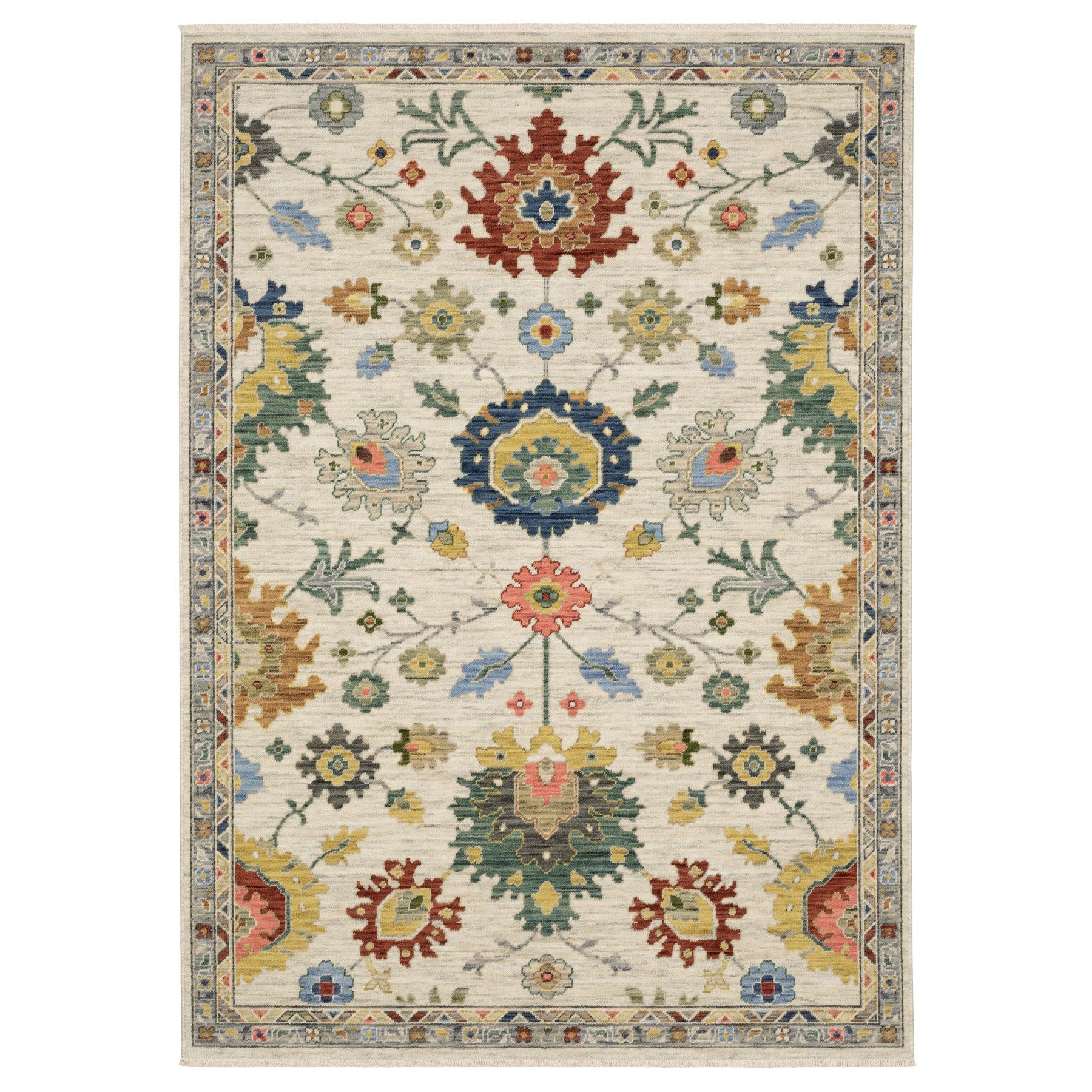 2' X 3' Ivory Red And Blue Oriental Area Rug With Fringe-1