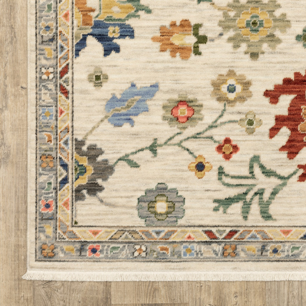 2' X 3' Ivory Red And Blue Oriental Area Rug With Fringe-5
