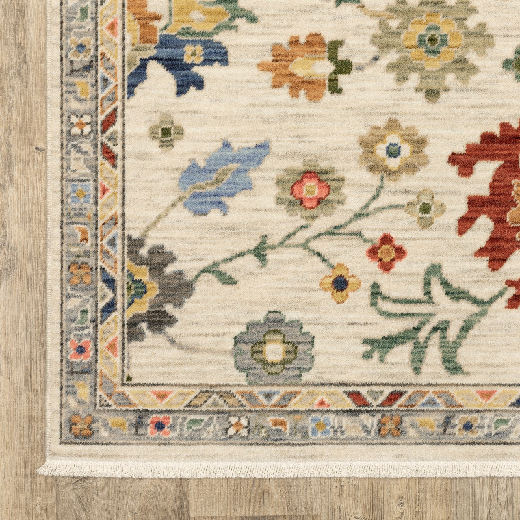 2' X 3' Ivory Red And Blue Oriental Area Rug With Fringe-5
