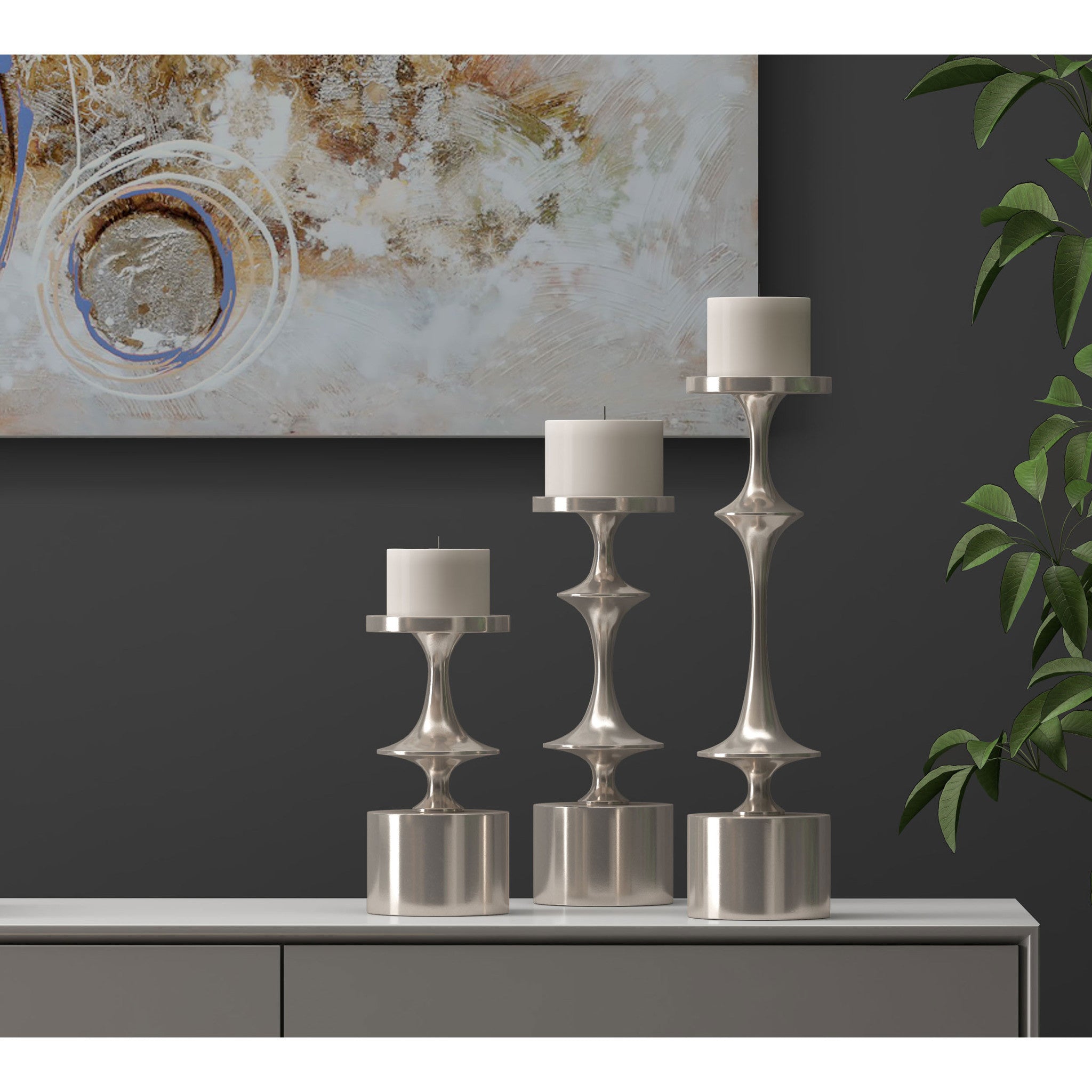 18" Silver Distressed Geometric Metal Tabletop Candle Holder-4