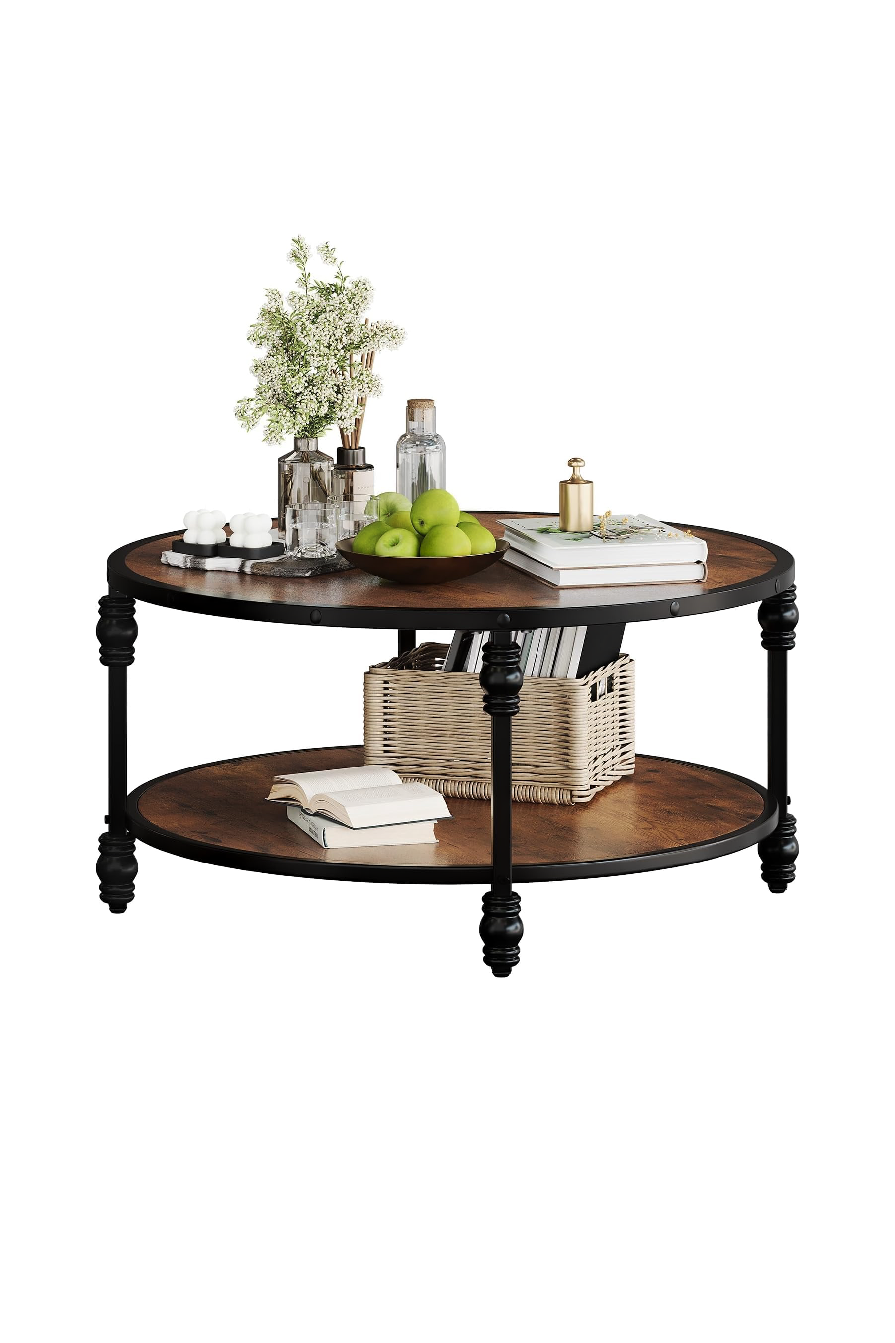 Round Coffee Table,30.5" Coffee Table for Living Room Center Table, 2 Tier Rustic Wood Desktop with Storage Shelf and Metal Roman Legs Modern Design Home Furniture, Easy Assembly, Vintage