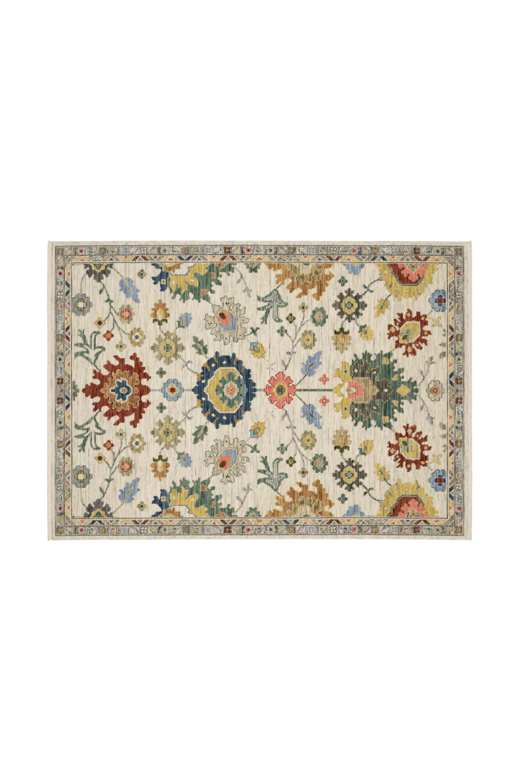 2' X 3' Ivory Red And Blue Oriental Area Rug With Fringe